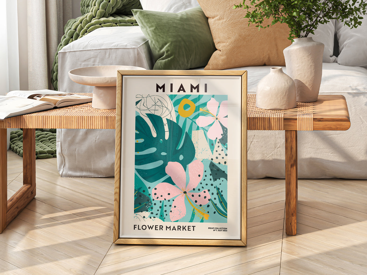 Flower Market Miami, Famous City Poster, Gift Idea, Floral Wall Art