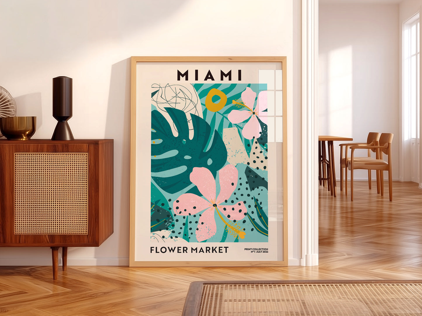 Flower Market Miami, Famous City Poster, Gift Idea, Floral Wall Art