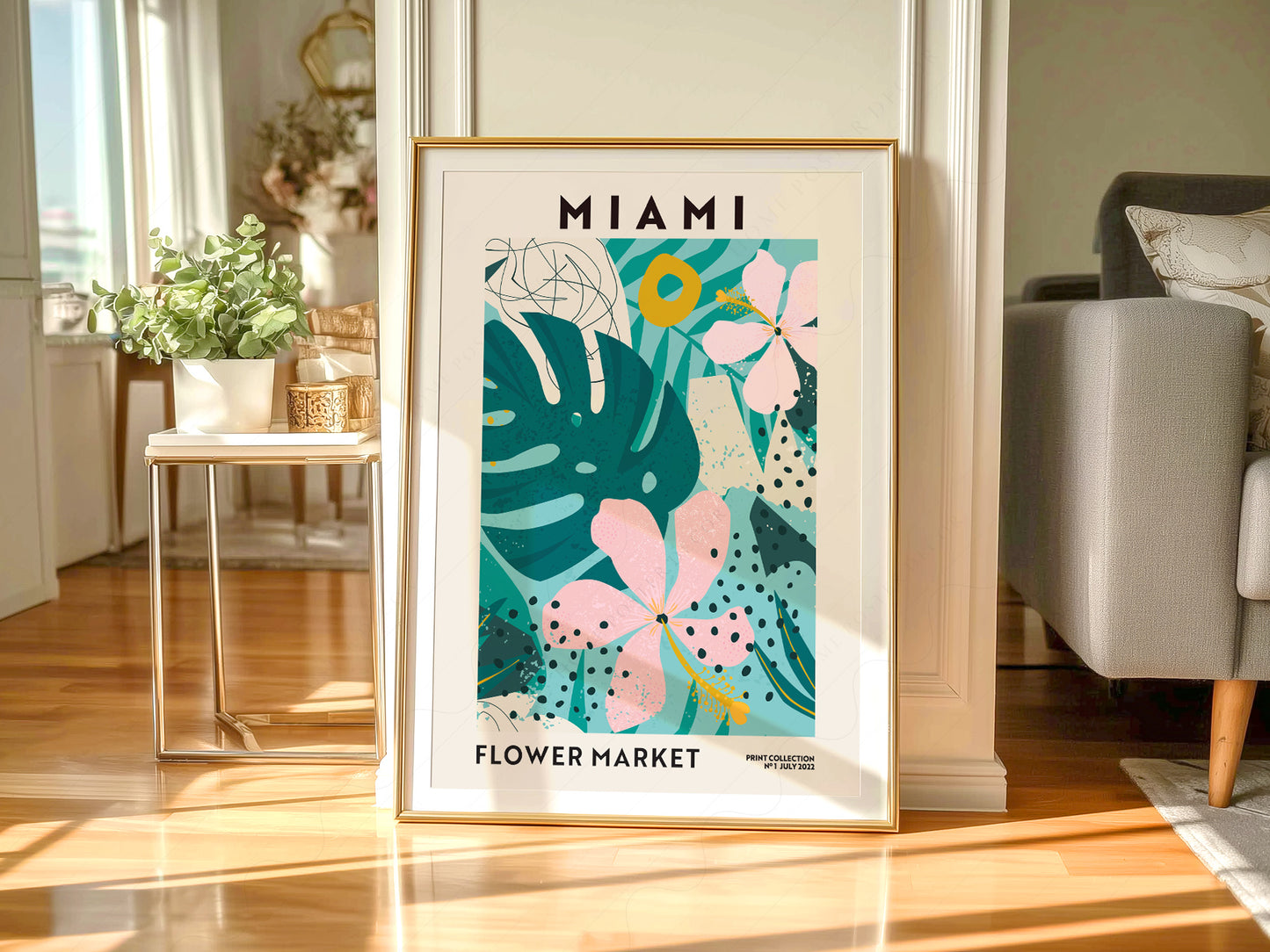 Flower Market Miami, Famous City Poster, Gift Idea, Floral Wall Art