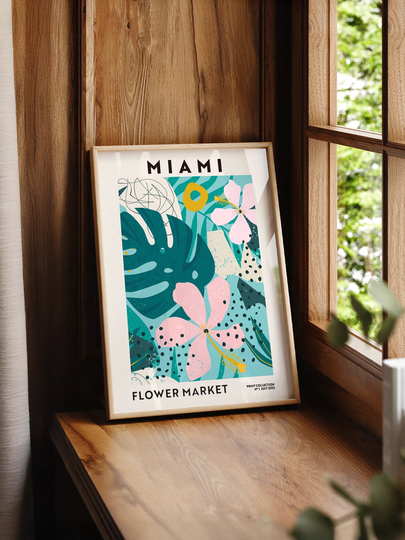 Miami Flower Market print styled in a mid-century modern dining room