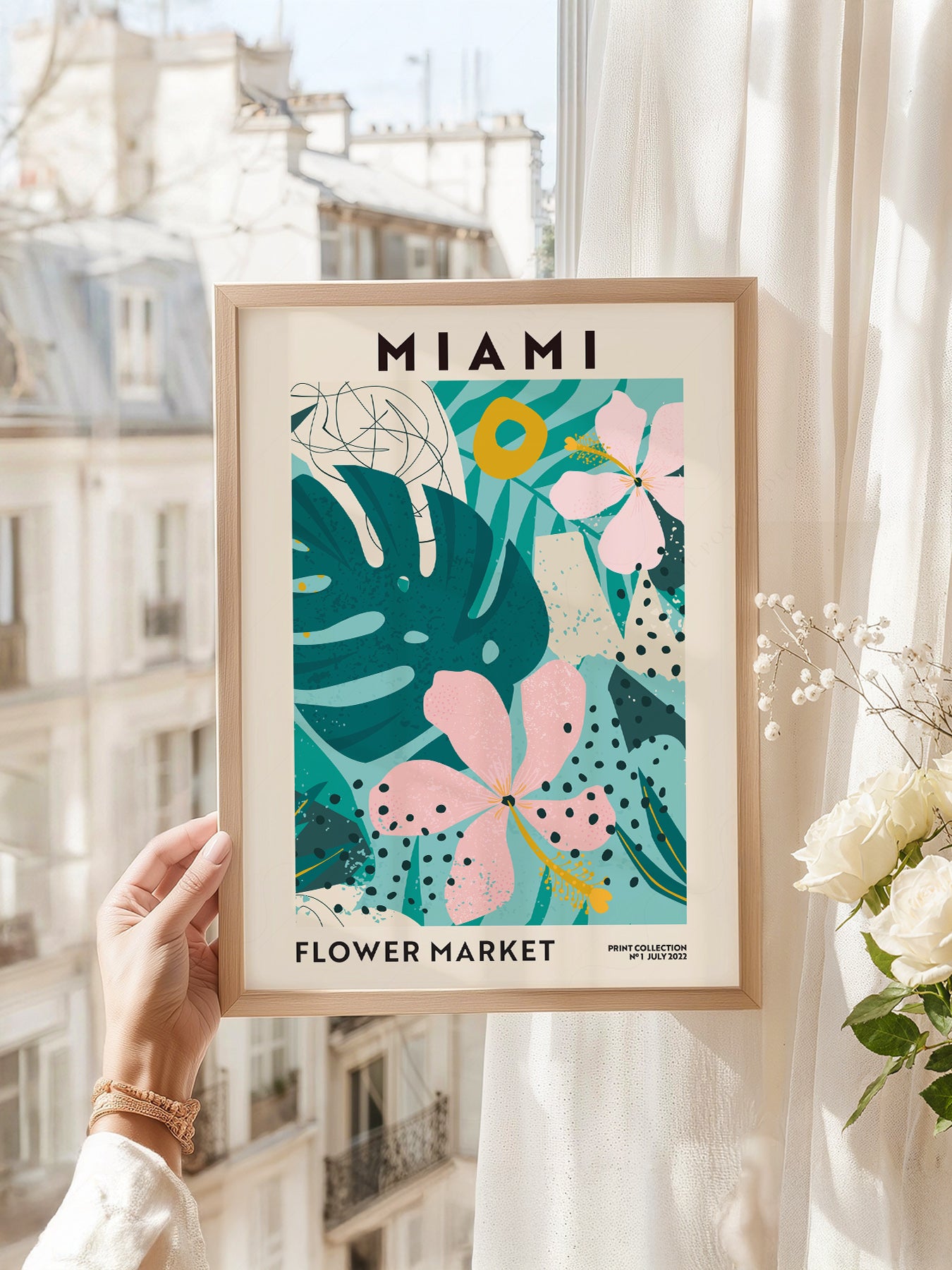 Miami Flower Market art print as wall decor in a minimalist home office