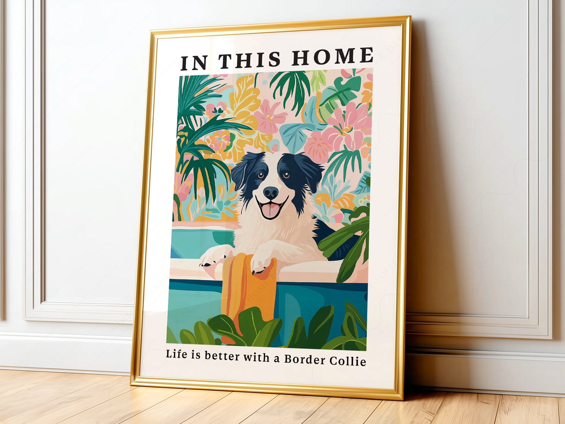 Border Collie in bathtub wall art print with colorful tropical florals and playful dog lover design.
