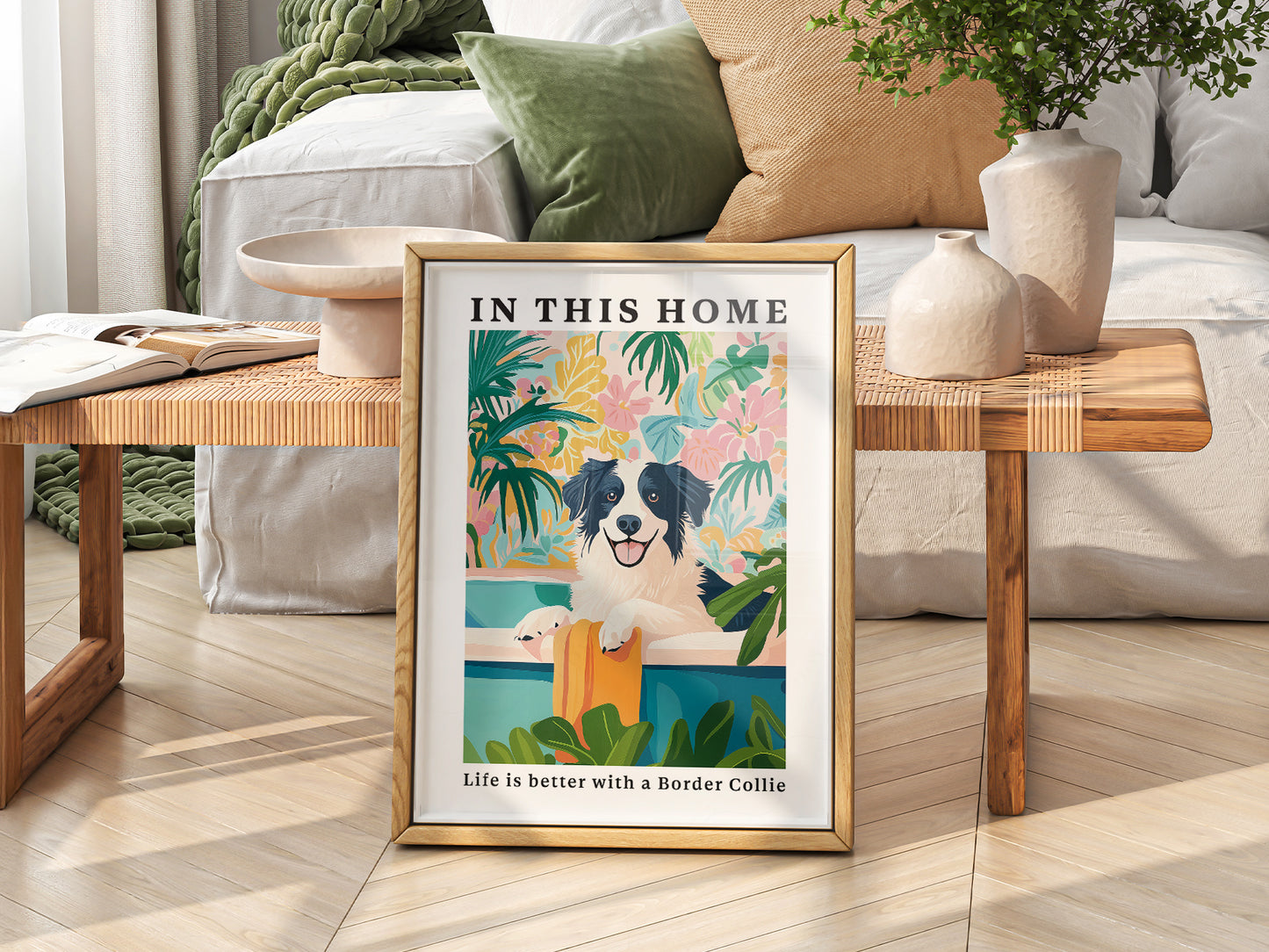 Border Collie Wall art print as wall decor in a minimalist home office