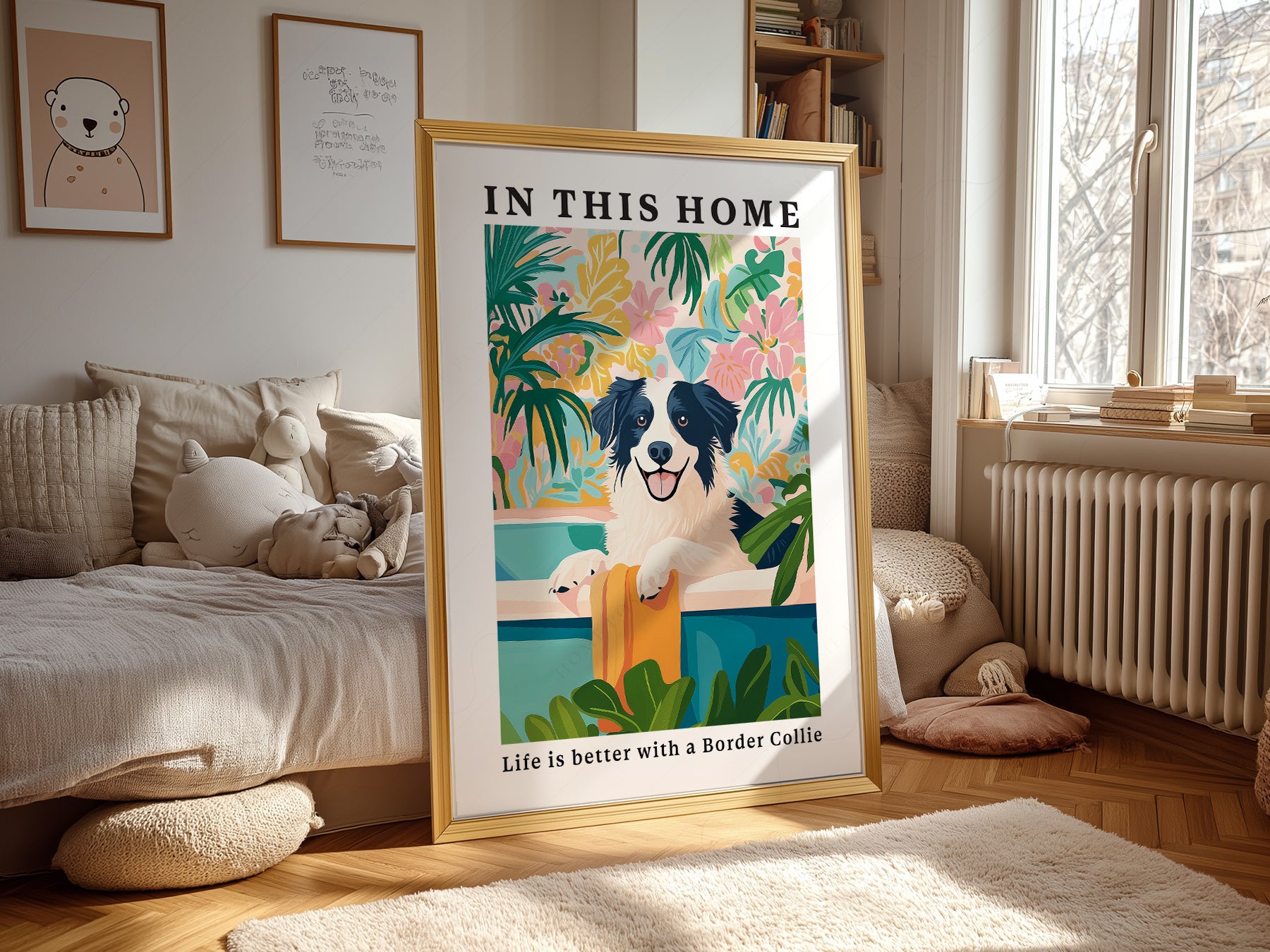 Border Collie Wall print styled in a mid-century modern dining room