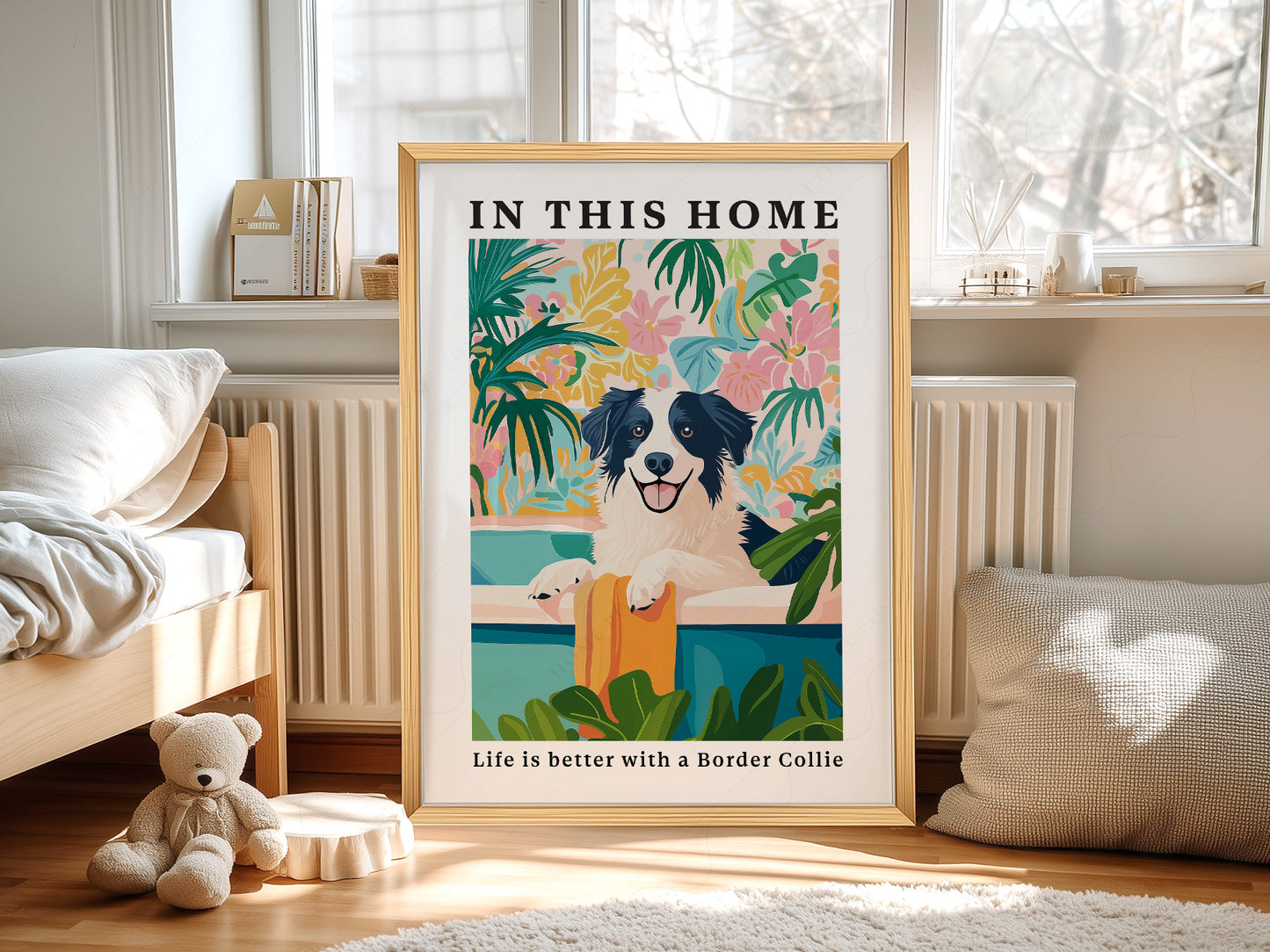 Border Collie Wall wall art print displayed in a bright modern living room