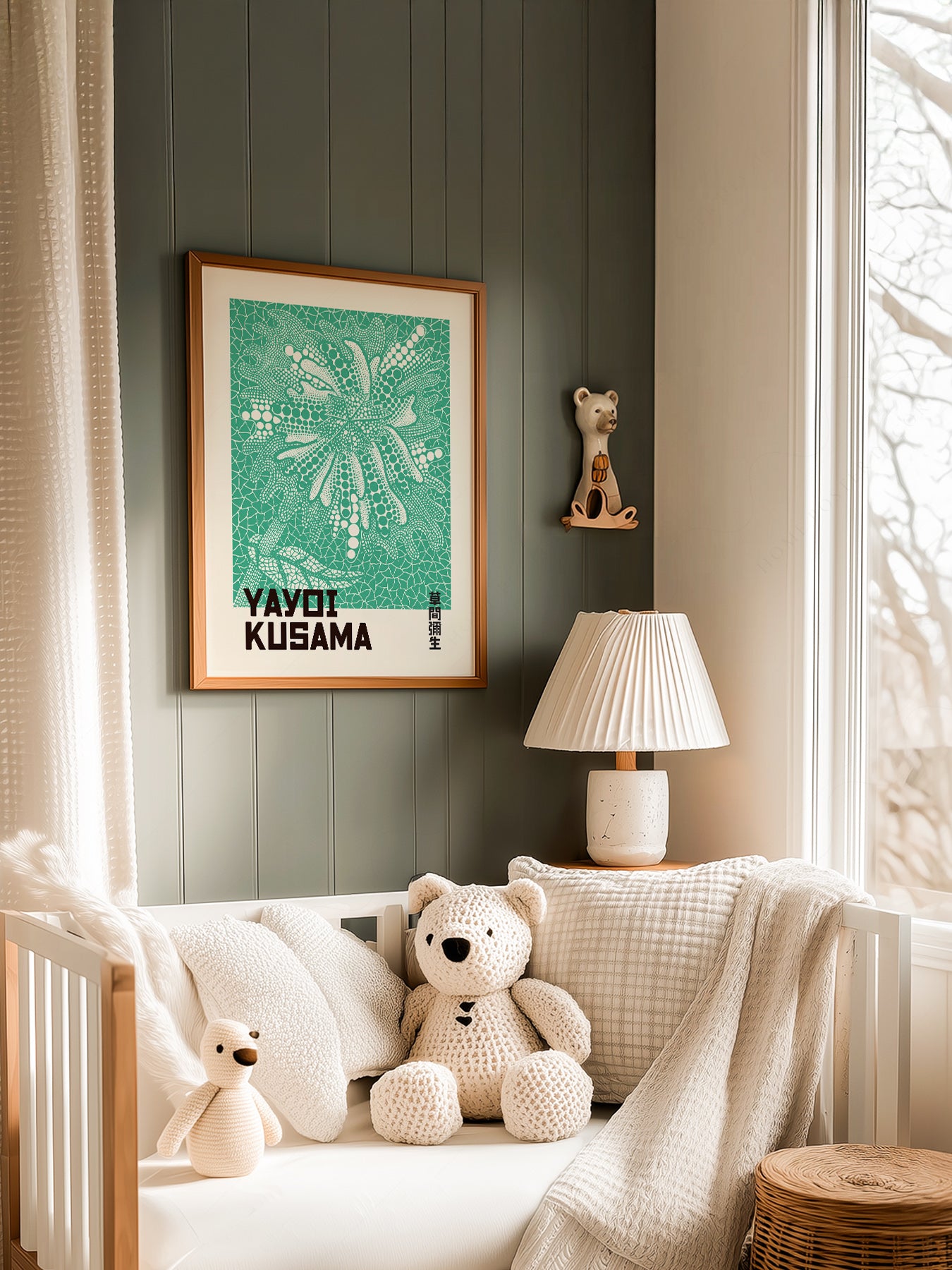 Yayoi Kusama Green Botanical in a light-filled Japandi-inspired living space