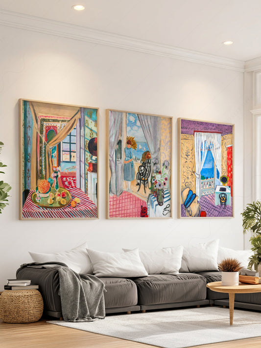 Henri Matisse set of three wall art prints featuring colorful interiors with open windows and Mediterranean scenes.
