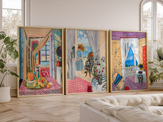 Henri Matisse set of three wall art prints featuring colorful interiors with open windows and Mediterranean scenes.