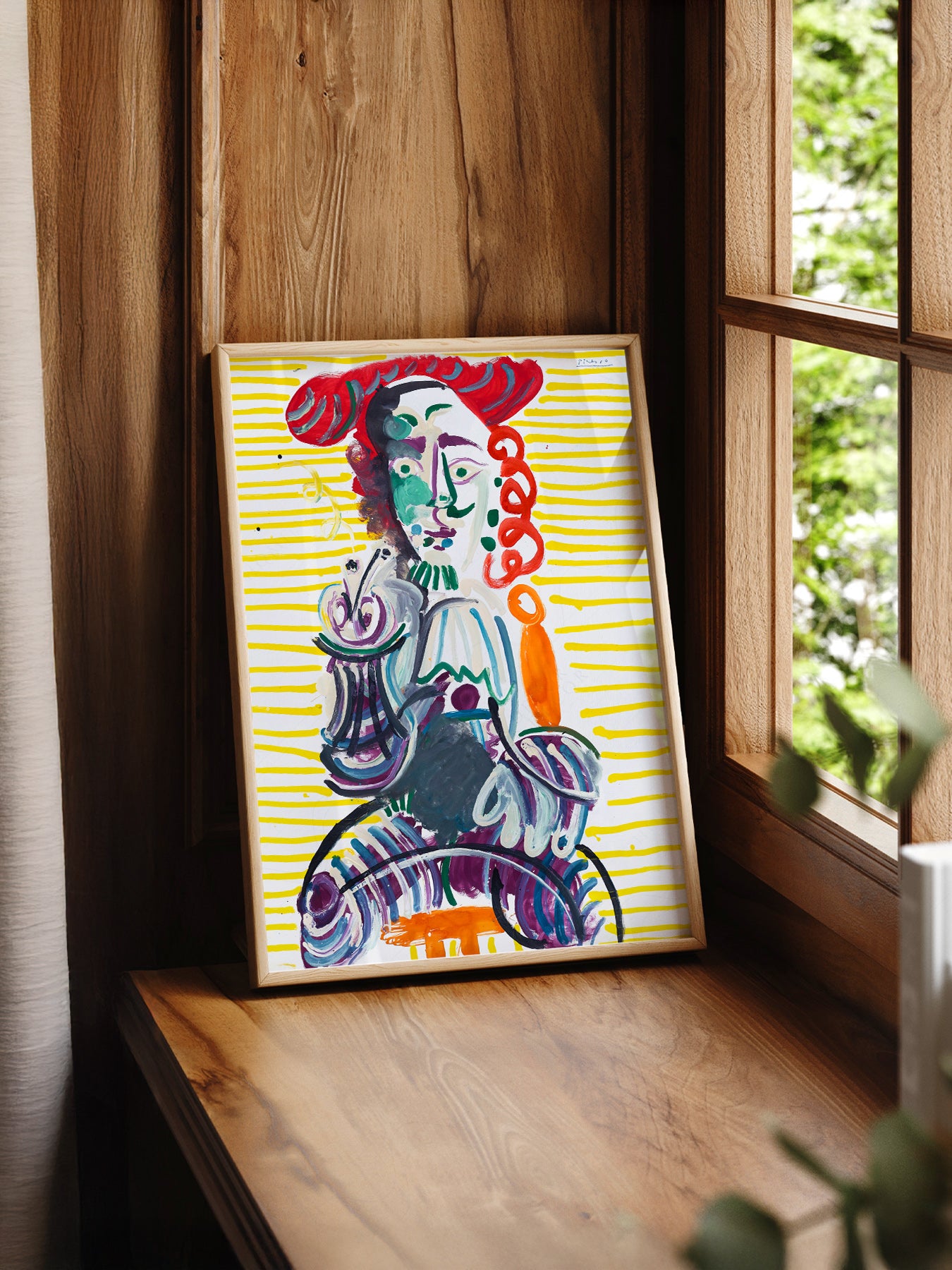 Pablo Picasso Homme à la Pipe print styled in a mid-century modern dining room