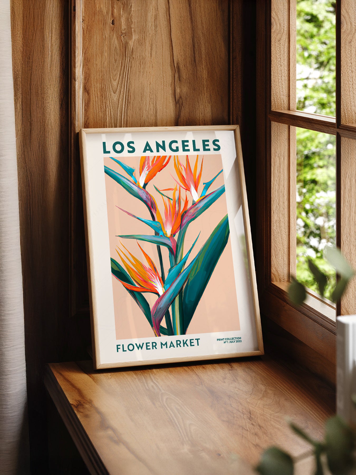 Los Angeles Flower Market print styled in a mid-century modern dining room