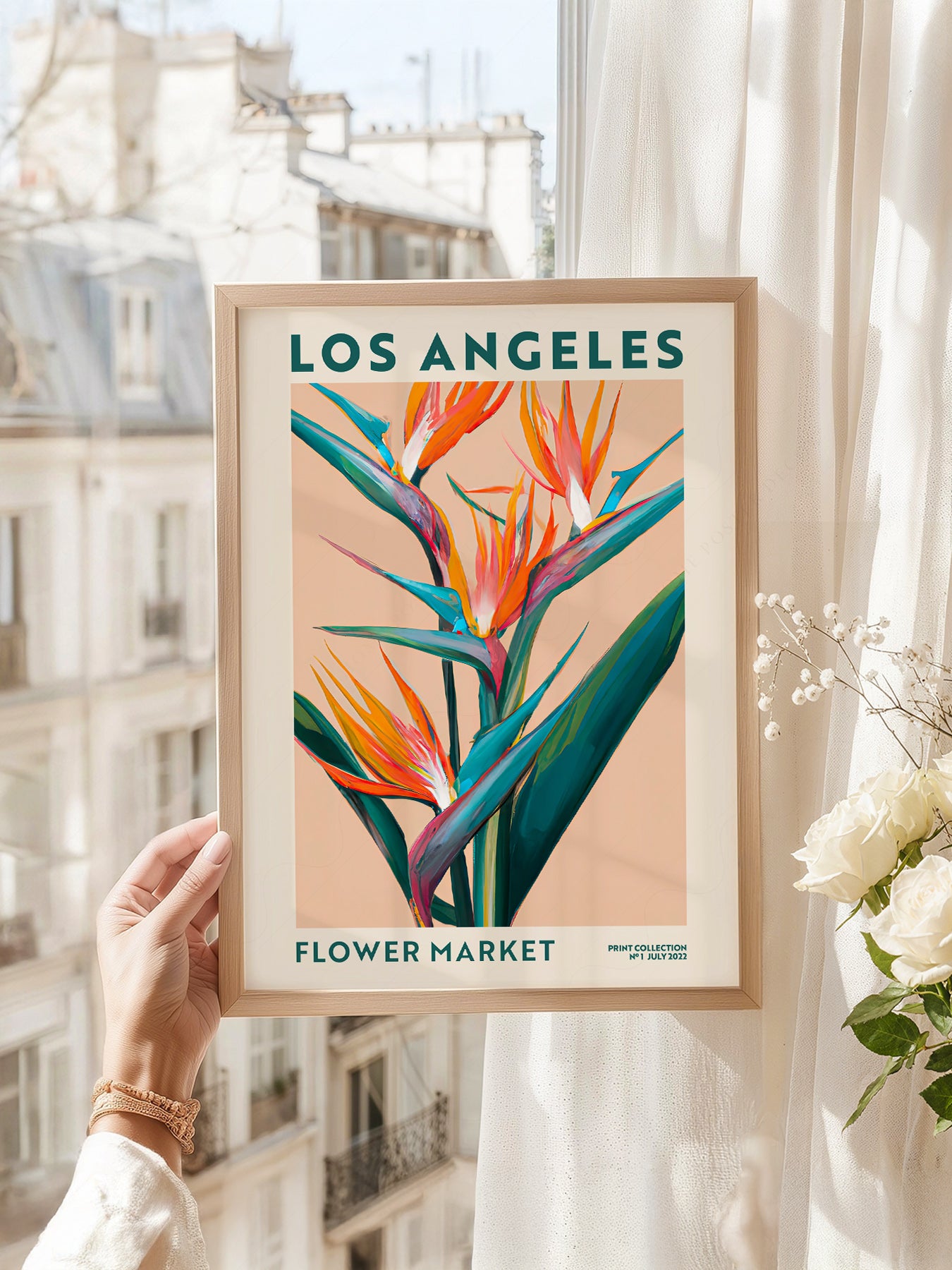 Los Angeles Flower Market art print as wall decor in a minimalist home office