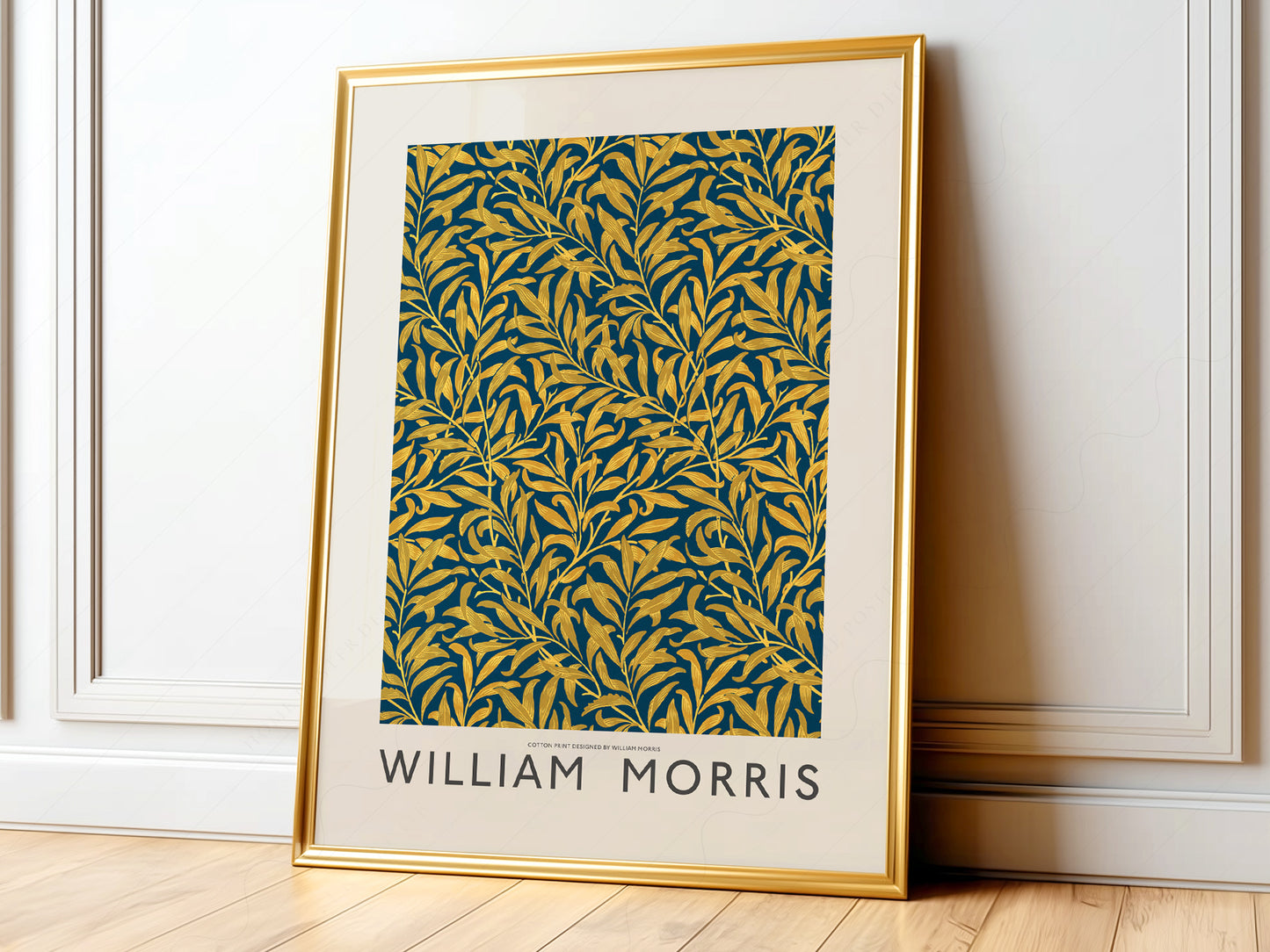 William Morris Willow Bough art print featuring golden botanical leaves on deep blue background as elegant wall art.