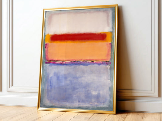Mark Rothko Untitled color field art print featuring soft white, red, orange, and blue bands in abstract expressionist style.