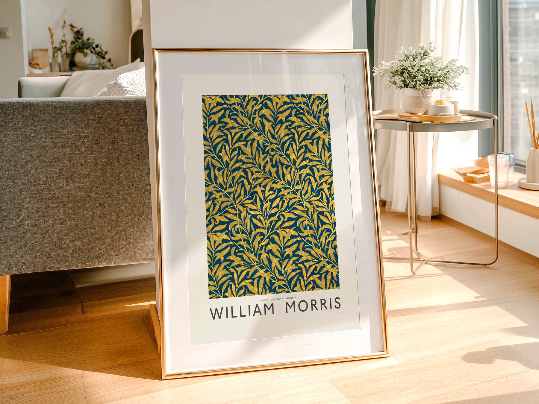William Morris Willow Bough print styled in a mid-century modern dining room
