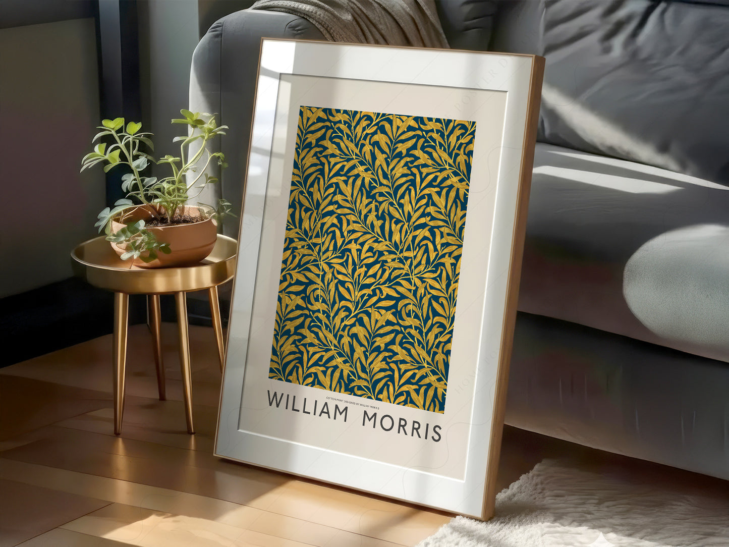 William Morris art print as wall decor in a minimalist home office