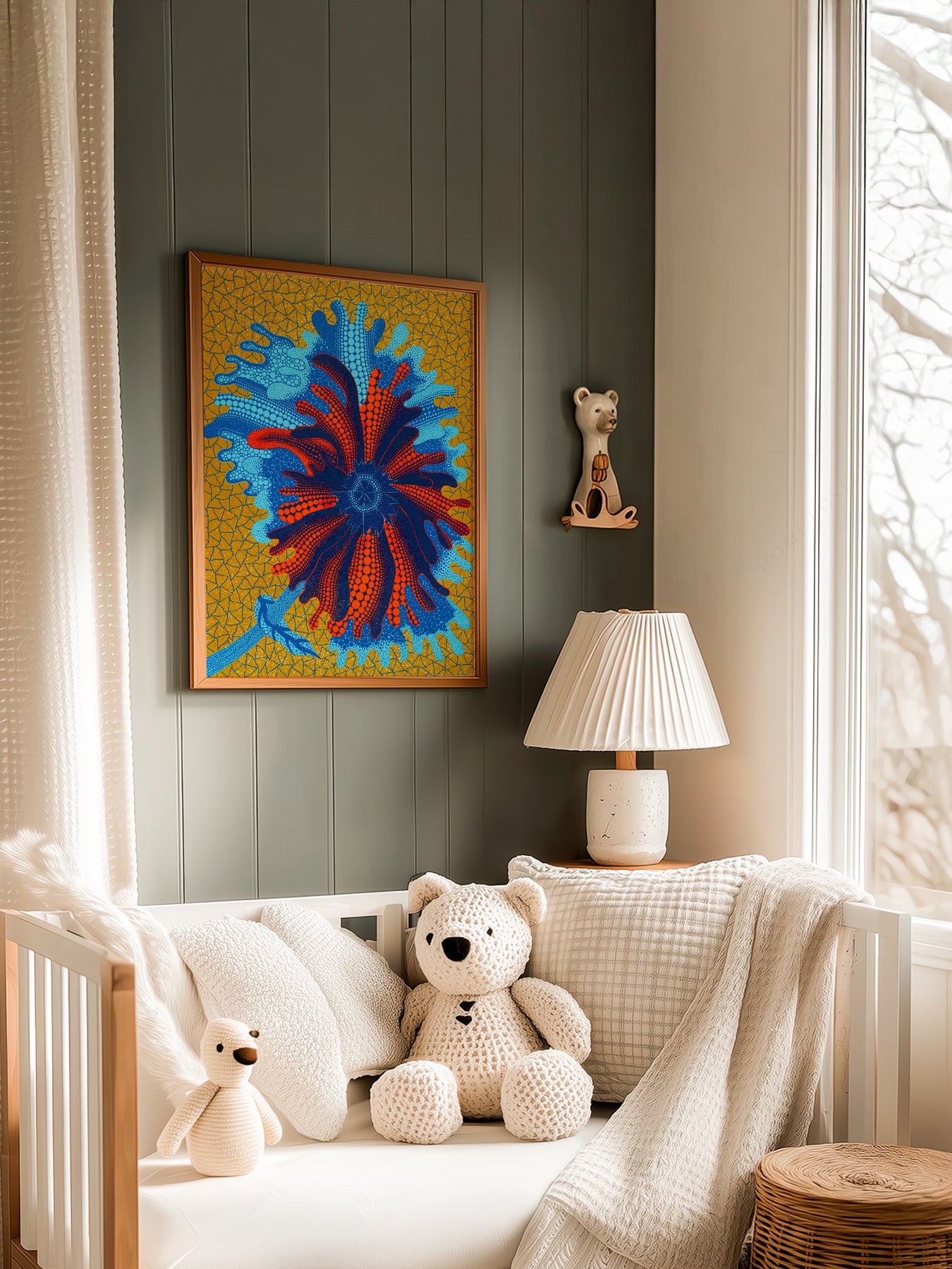 Yayoi Kusama Flower in a light-filled Japandi-inspired living space