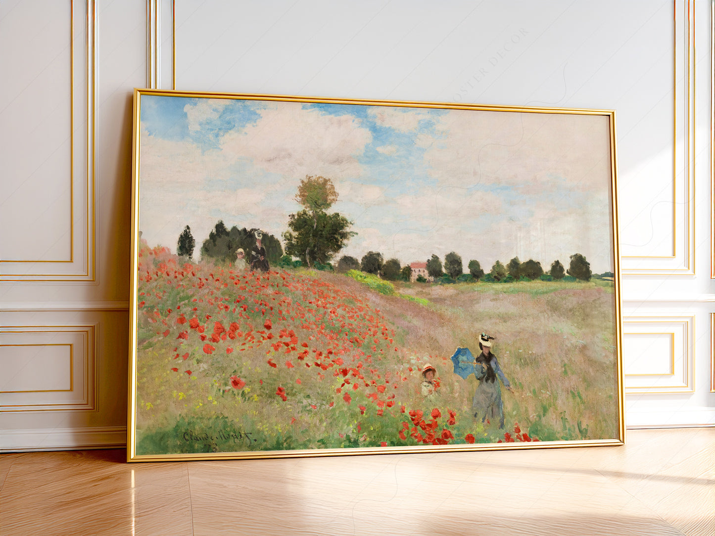 Claude Monet The Poppy Field near Argenteuil art print featuring red poppies and figures in a French meadow.