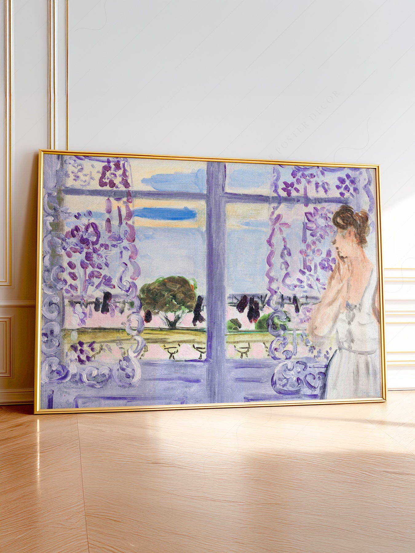 Henri Matisse Femme auprès de la fenêtre wall art print featuring a woman gazing through a wisteria-draped window in soft lavender tones.