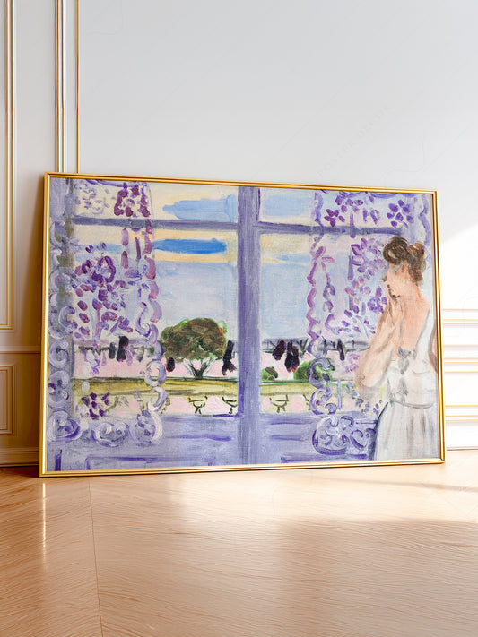 Henri Matisse Femme auprès de la fenêtre wall art print featuring a woman gazing through a wisteria-draped window in soft lavender tones.