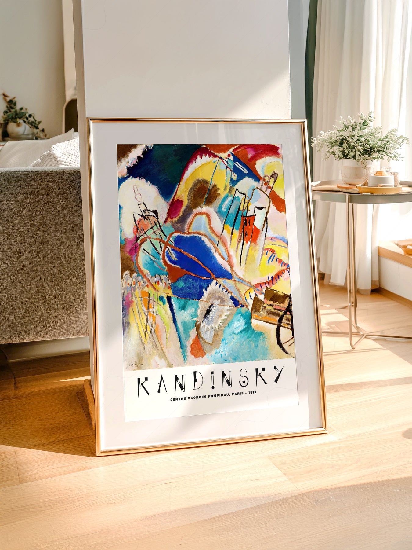 Wassily Kandinsky art print styled in a Scandinavian bedroom