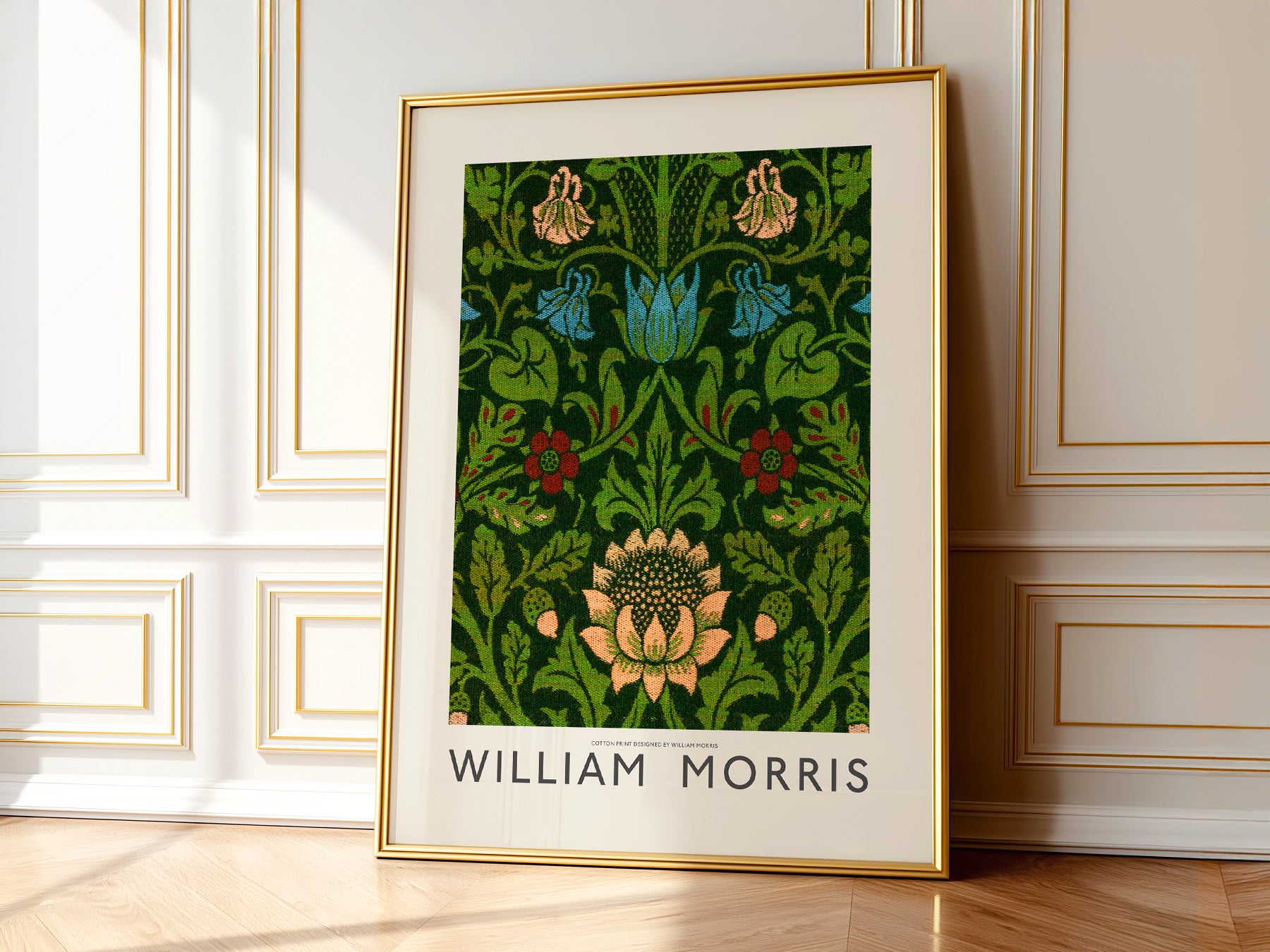 William Morris Floral Cotton as a statement piece in an eclectic gallery wall