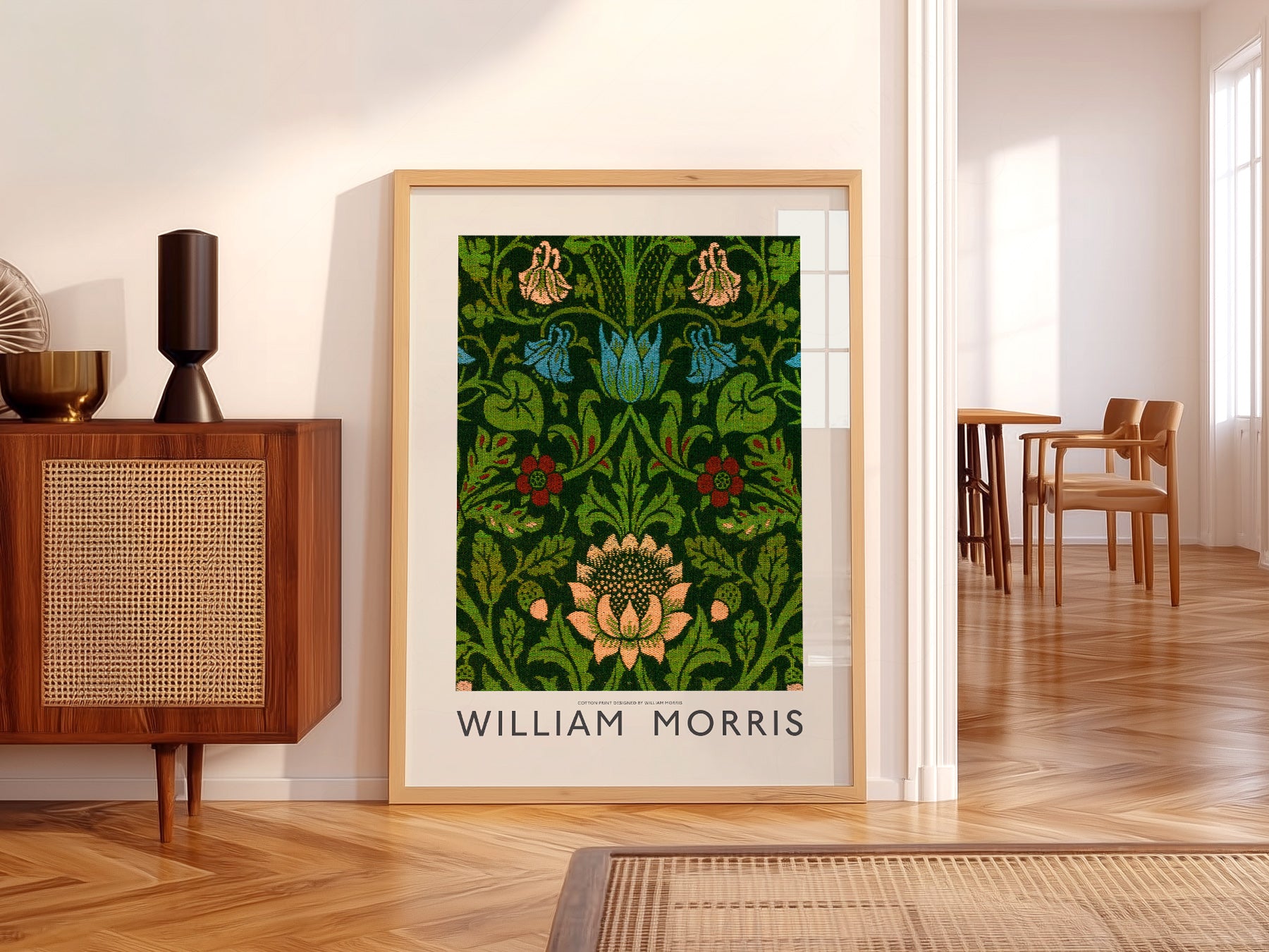 William Morris Floral Cotton in a light-filled Japandi-inspired living space