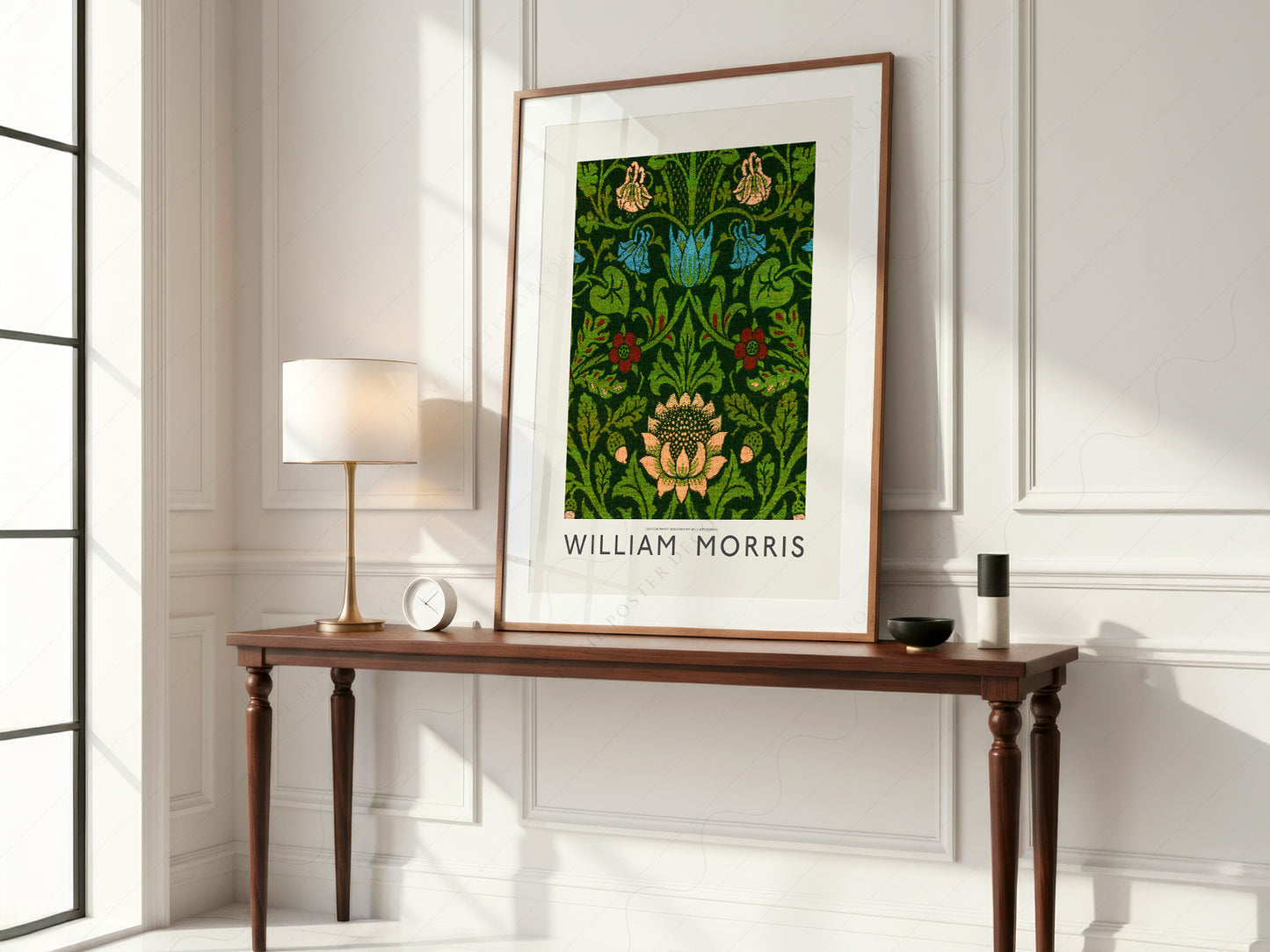 William Morris art print styled in a Scandinavian bedroom