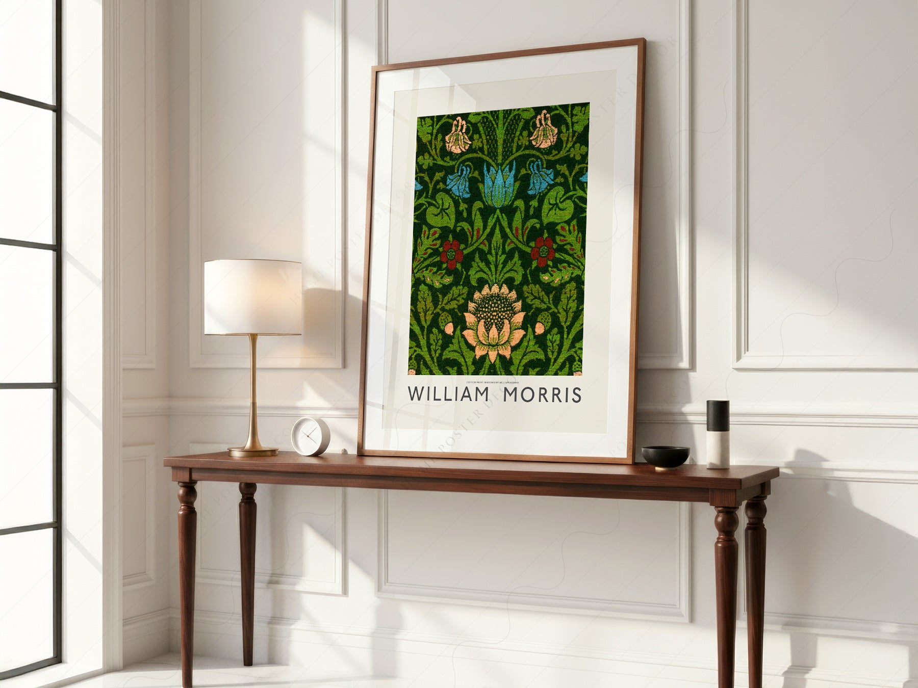 William Morris art print styled in a Scandinavian bedroom