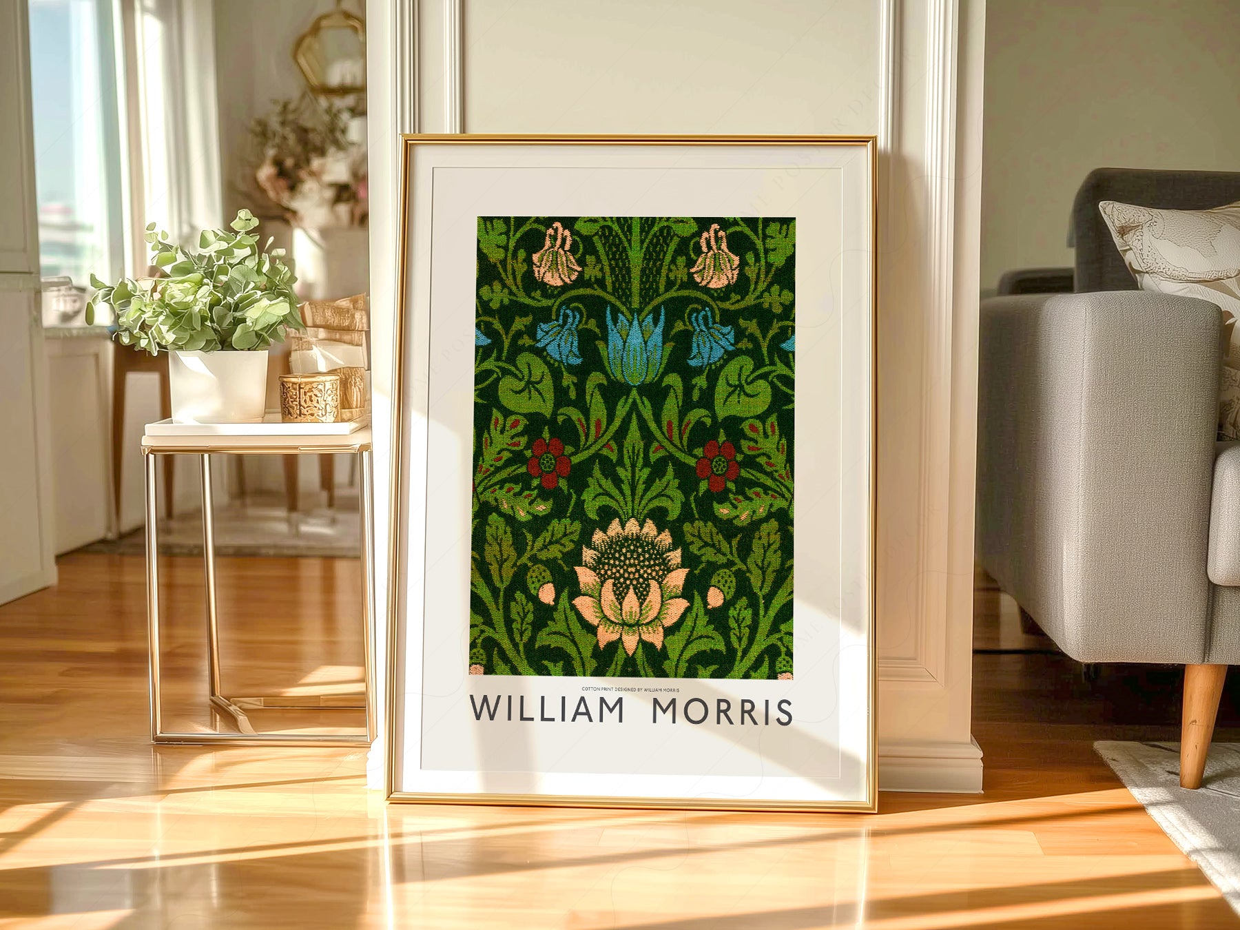 William Morris wall art in a cozy home study or reading room
