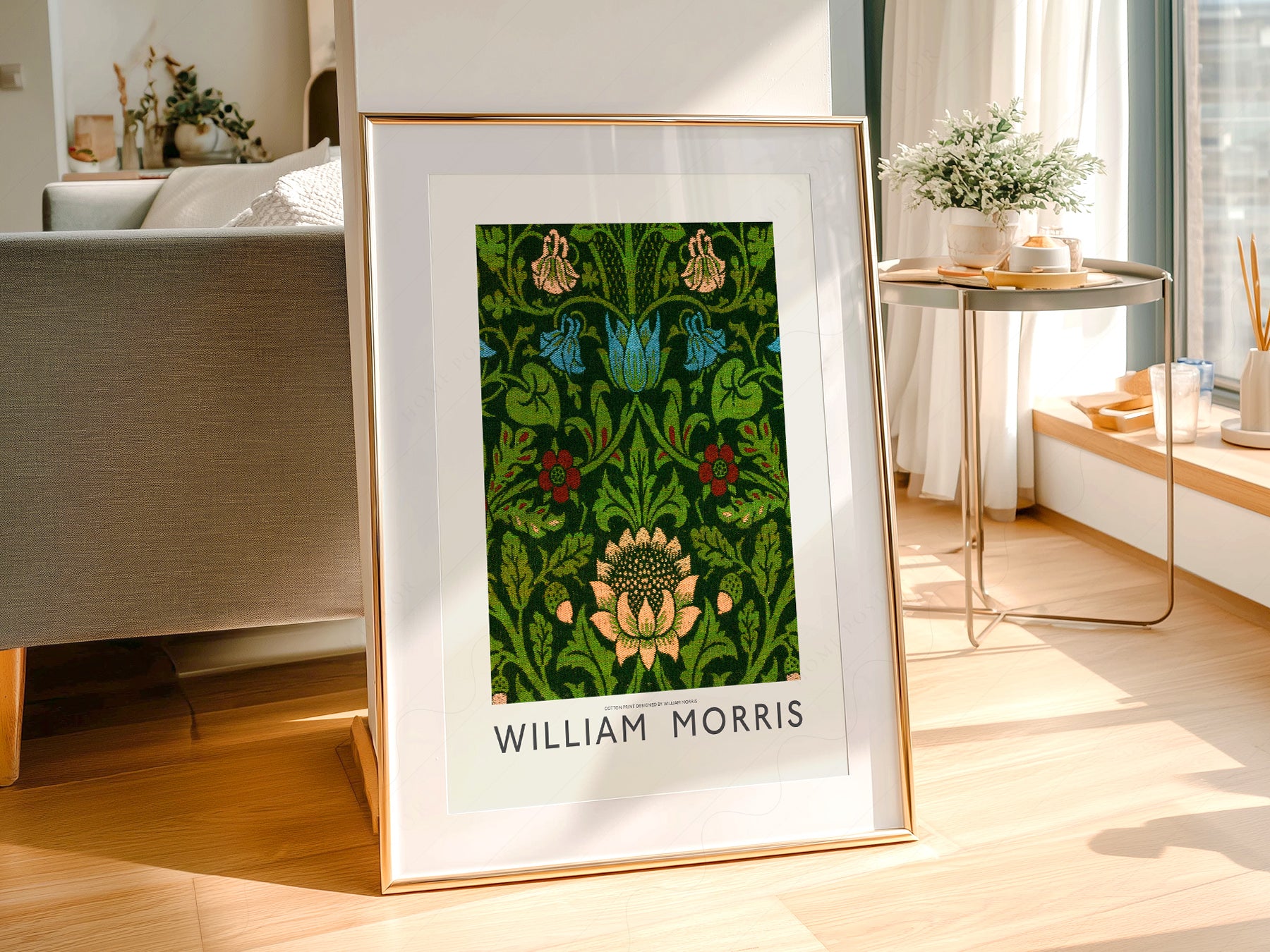 William Morris Floral Cotton print styled in a mid-century modern dining room