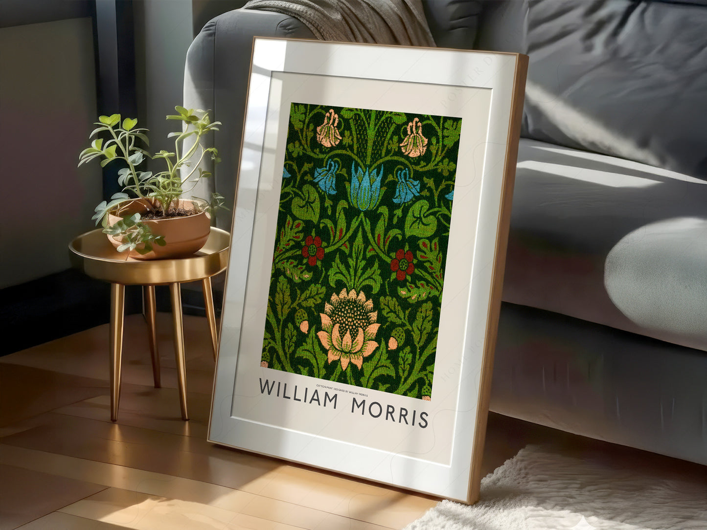 William Morris art print as wall decor in a minimalist home office