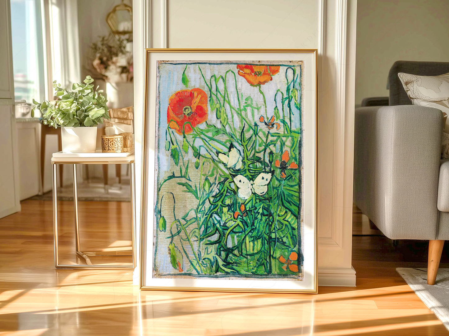 Van Gogh Poster, Butterflies and Poppies, Flowers Wall Art, Landscape Print