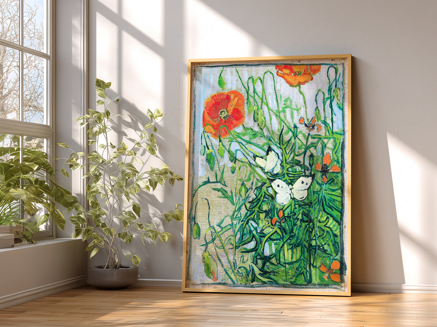 Van Gogh Poster, Butterflies and Poppies, Flowers Wall Art, Landscape Print