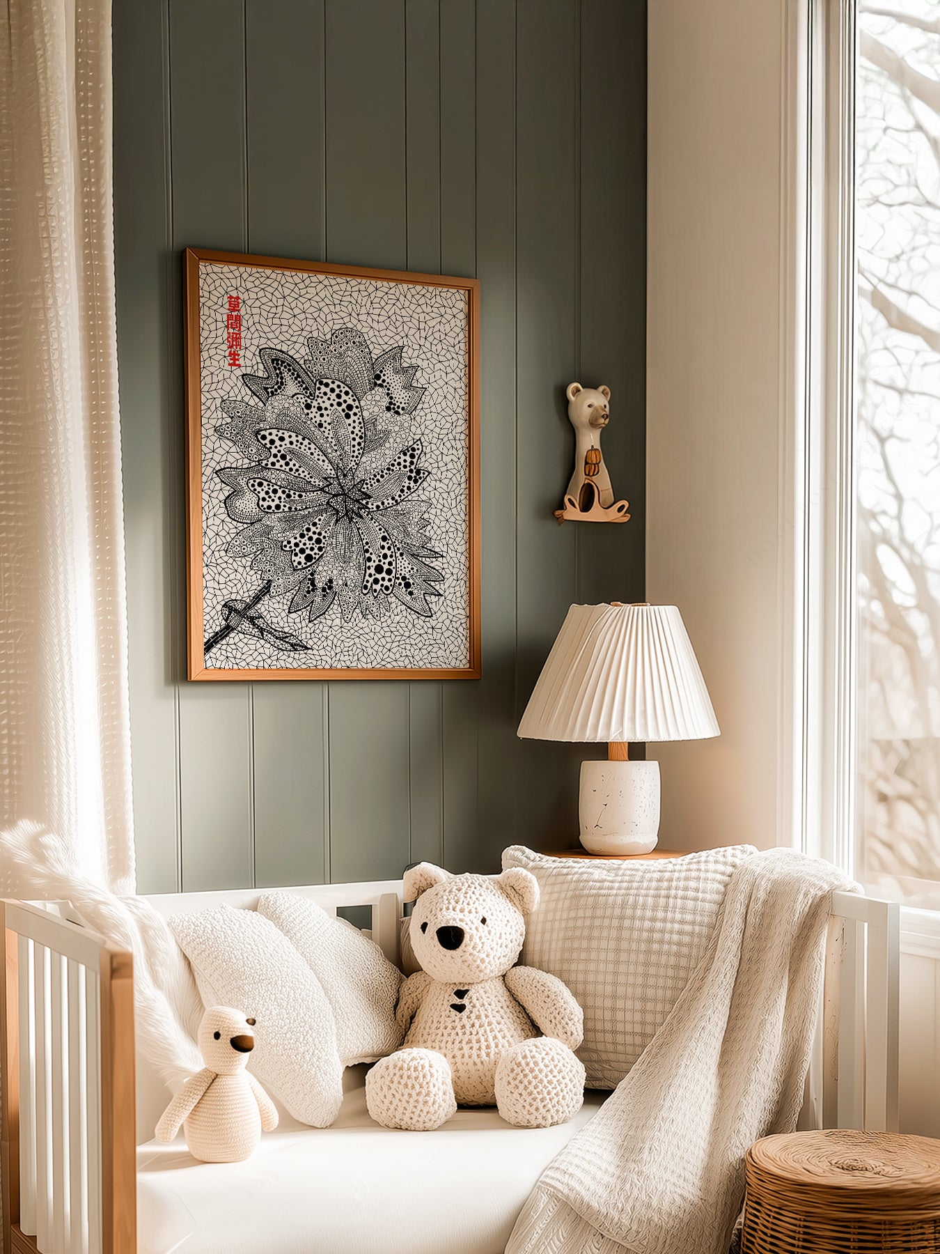 Yayoi Kusama Flower in a light-filled Japandi-inspired living space