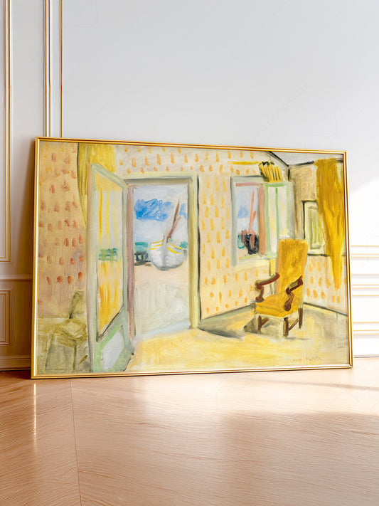 Henri Matisse The Yellow Room art print featuring a sunlit Fauvist interior with coastal view and yellow armchair.