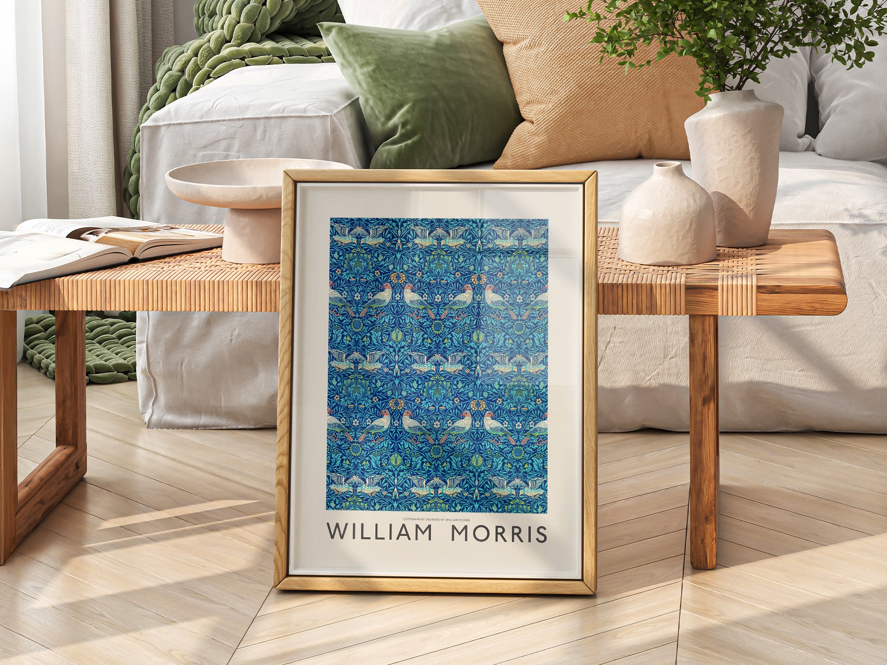 William Morris Bird Pattern in a light-filled Japandi-inspired living space