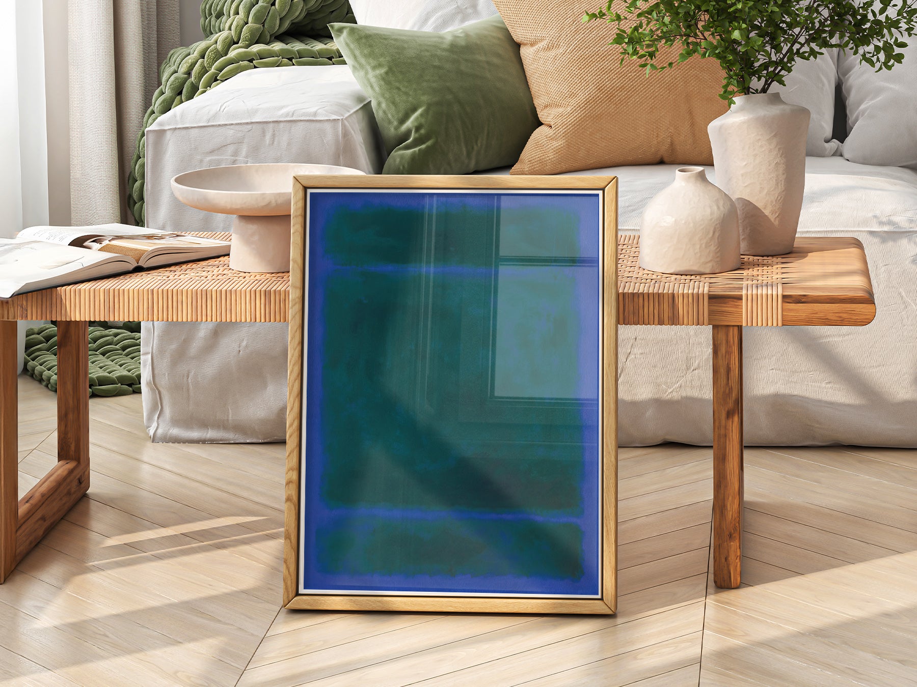 Mark Rothko Blue Green Untitled print styled in a mid-century modern dining room