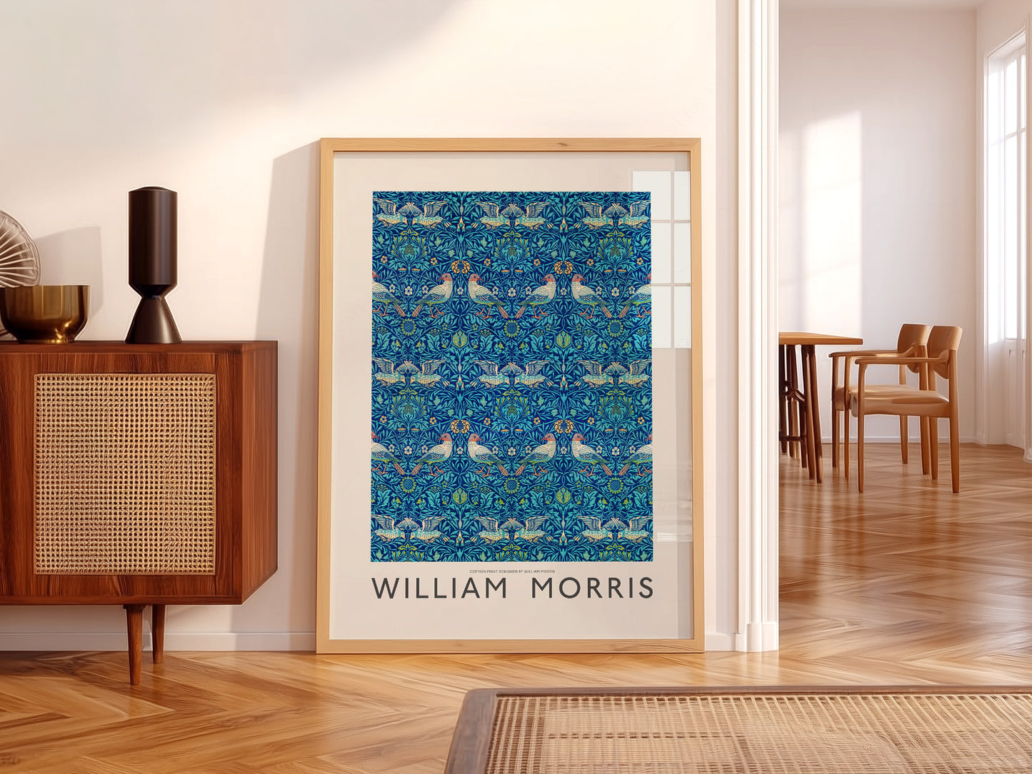 William Morris art print styled in a Scandinavian bedroom