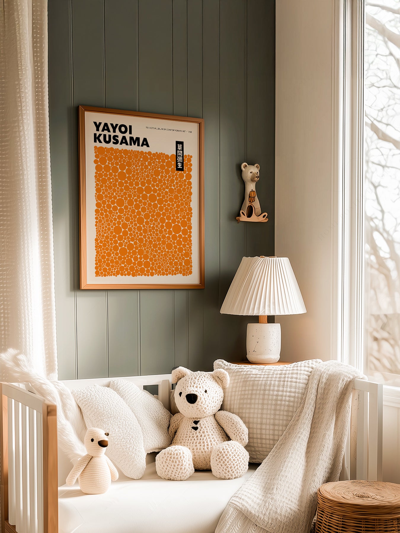 Yayoi Kusama Orange Dots Exhibition in a light-filled Japandi-inspired living space