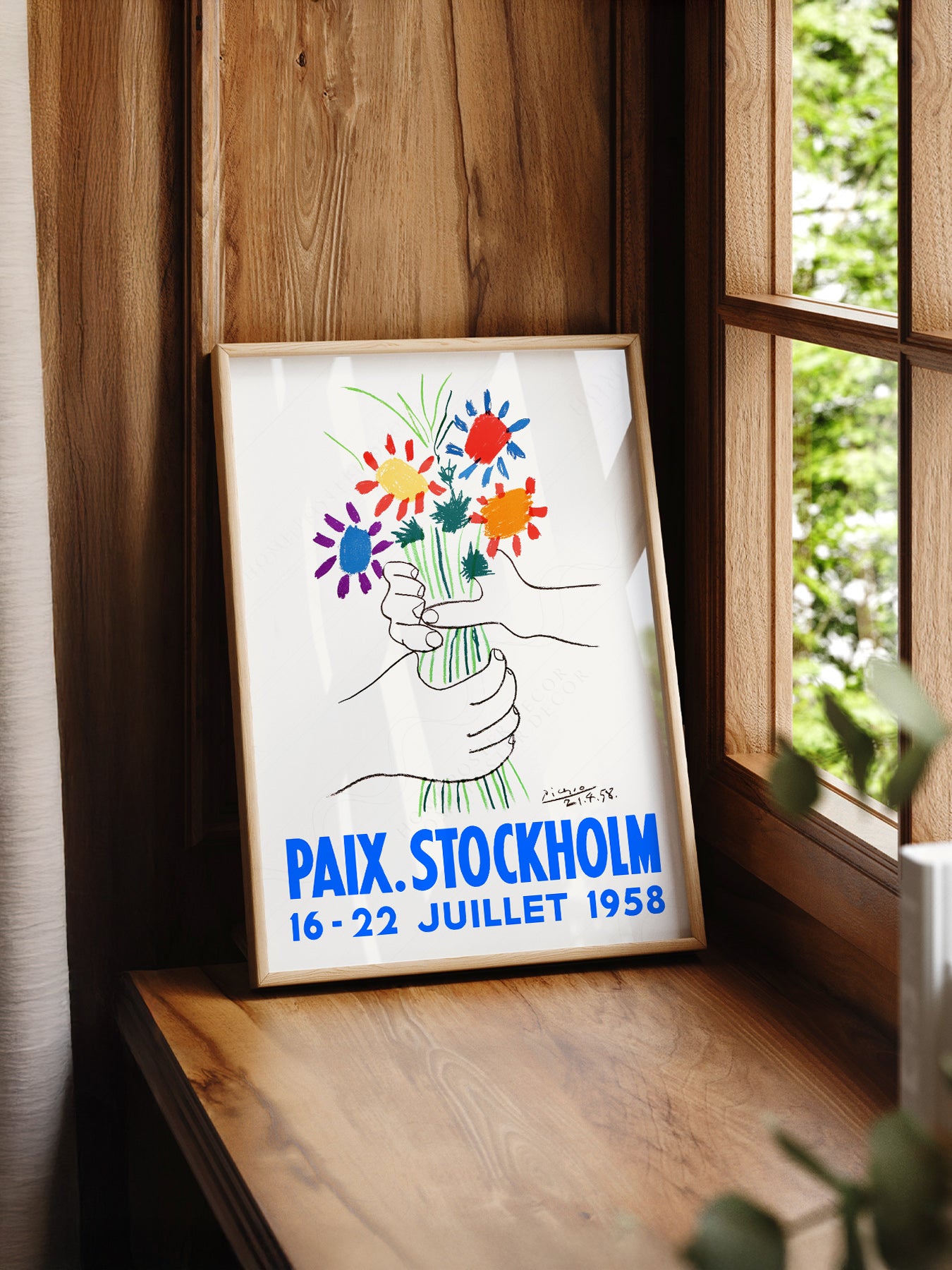 Pablo Picasso Bouquet of Peace print styled in a mid-century modern dining room