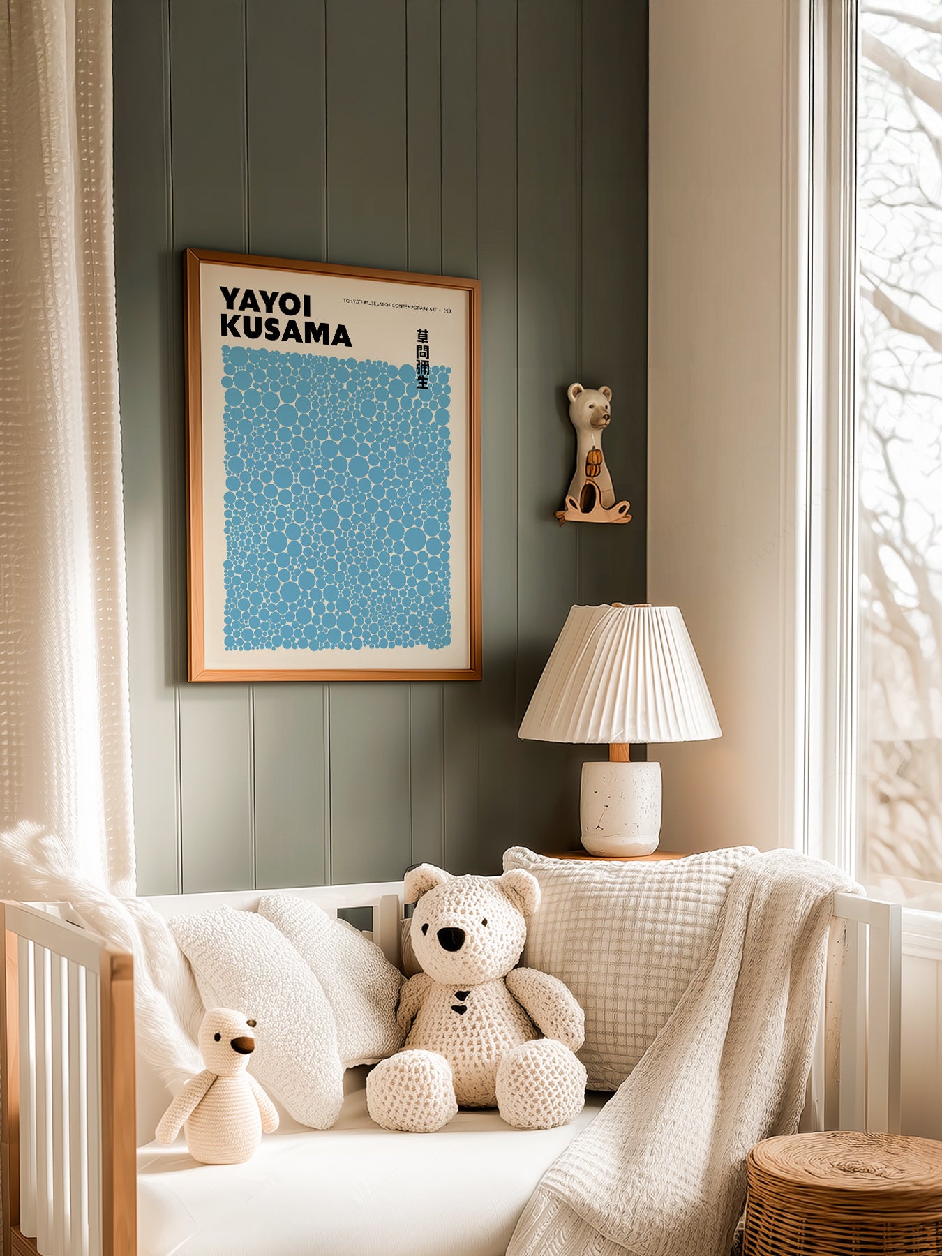 Yayoi Kusama Blue Dots Exhibition in a light-filled Japandi-inspired living space