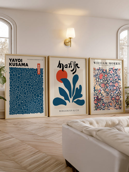 Teal Blue Gallery Wall Set – Henri Matisse, Yayoi  Kusama and Flower Market Art Prints