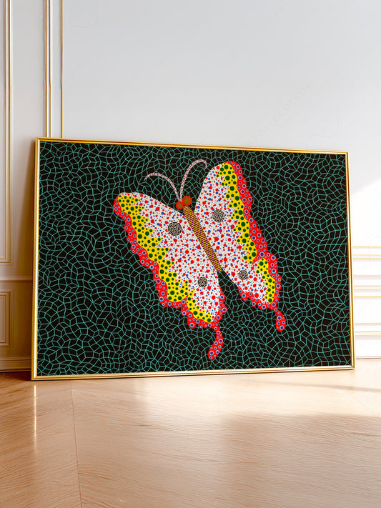 Yayoi Kusama Butterfly wall art print featuring colorful polka dots and intricate web pattern background.