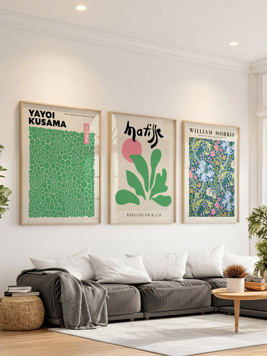 Set of three wall art prints featuring Yayoi Kusama dots, Henri Matisse cut-outs, and William Morris floral pattern.