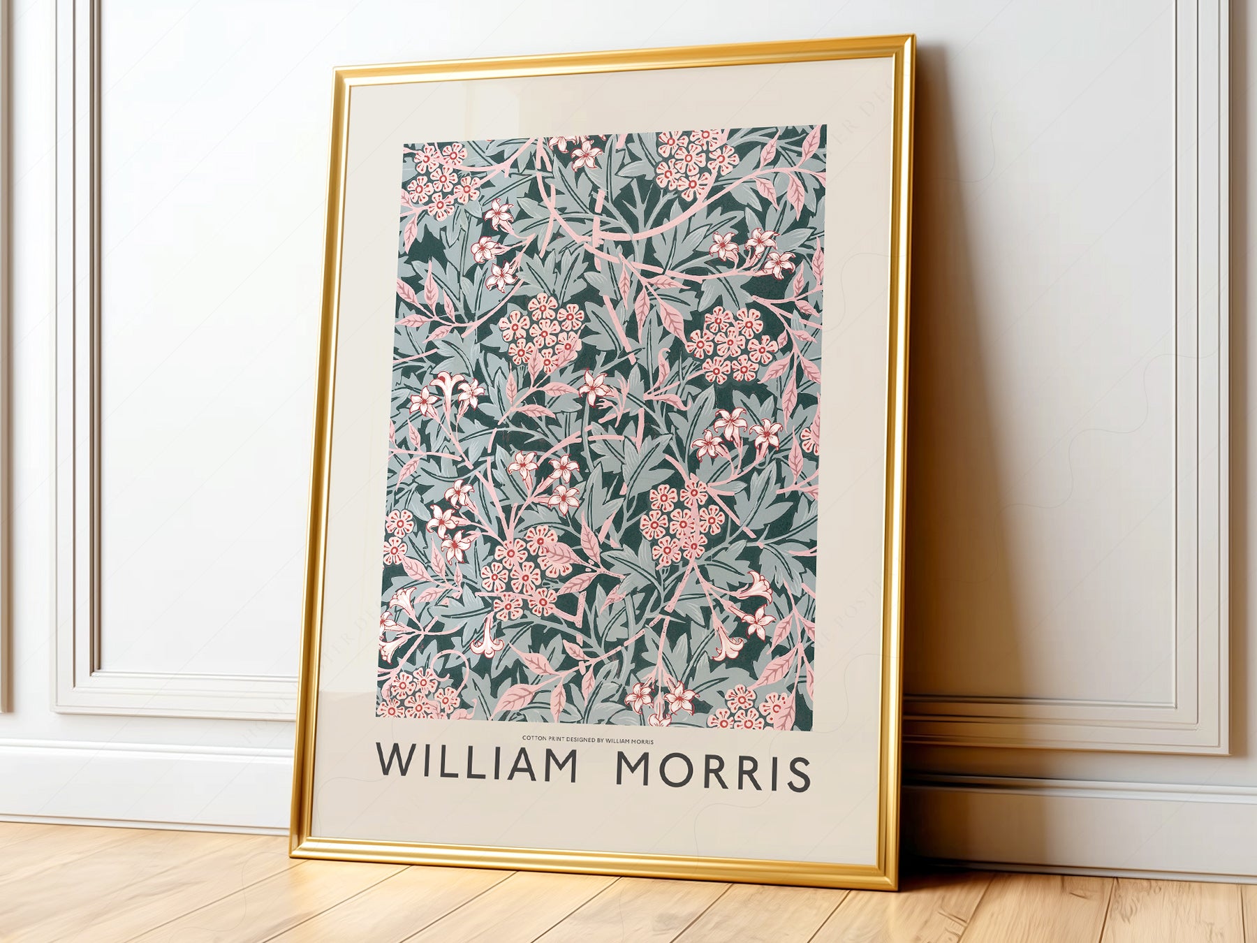 William Morris Jasmine Flower art print featuring pink blossoms and sage green leaves in a vintage botanical pattern.