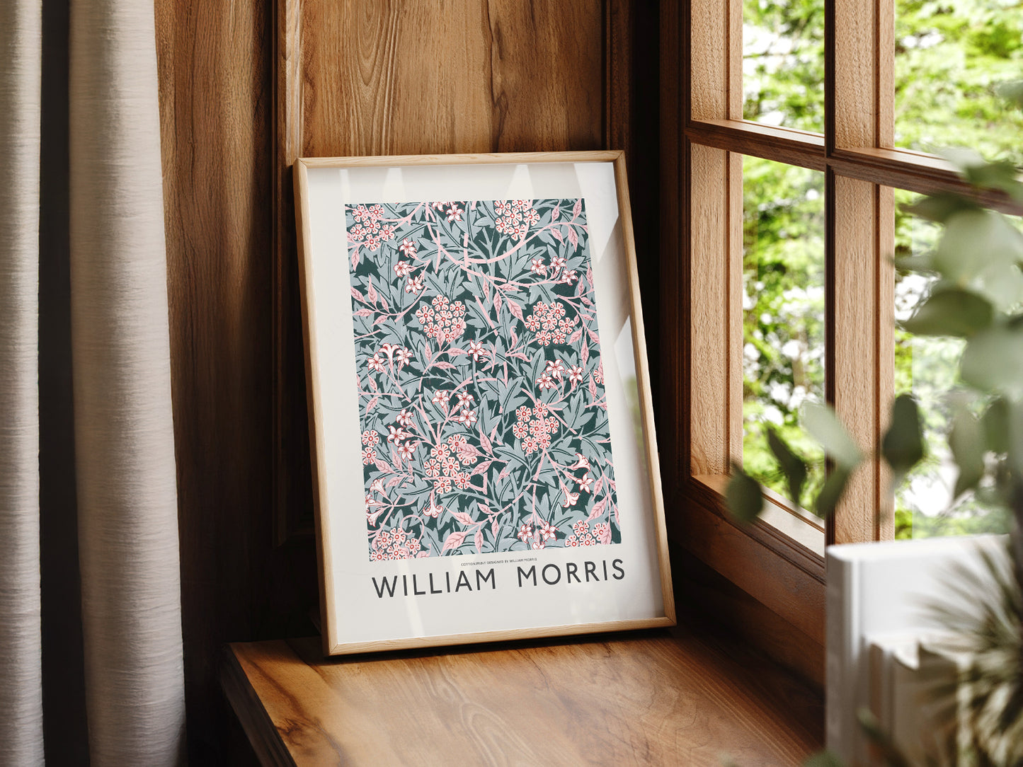William Morris Jasmine Flower in a cozy baby room with natural wooden furniture
