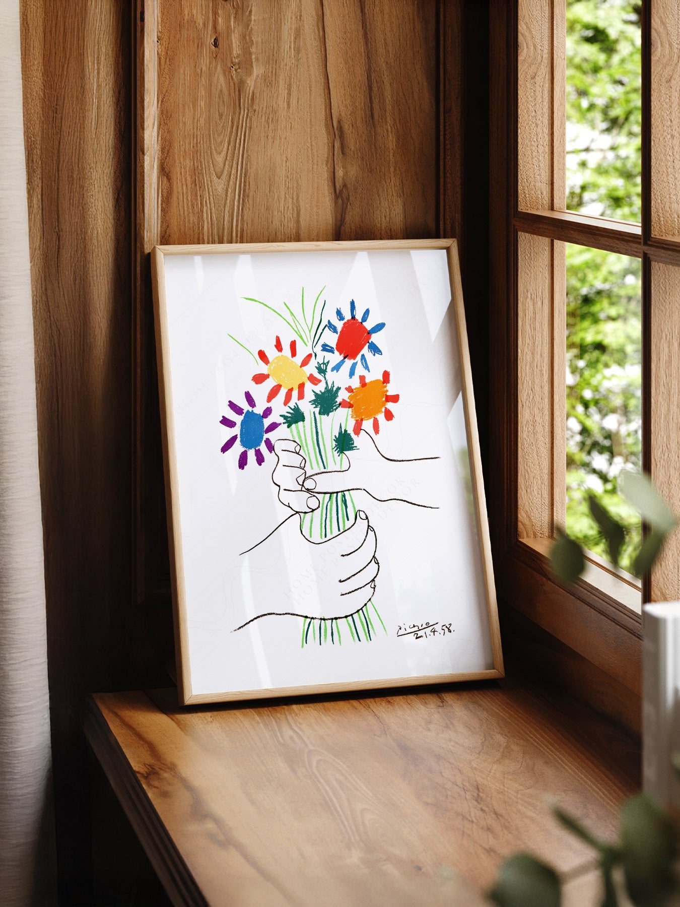 Pablo Picasso The Flowers of Peace 1958 print styled in a mid-century modern dining room