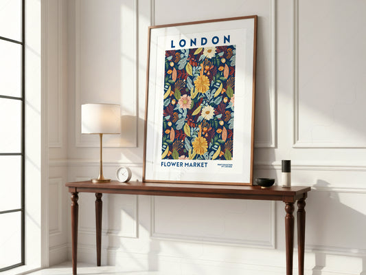 London Flower Market wall art print displayed in a bright modern living room
