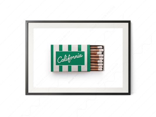 California vintage matchbox art print featuring green and cream stripes with classic script lettering wall decor.