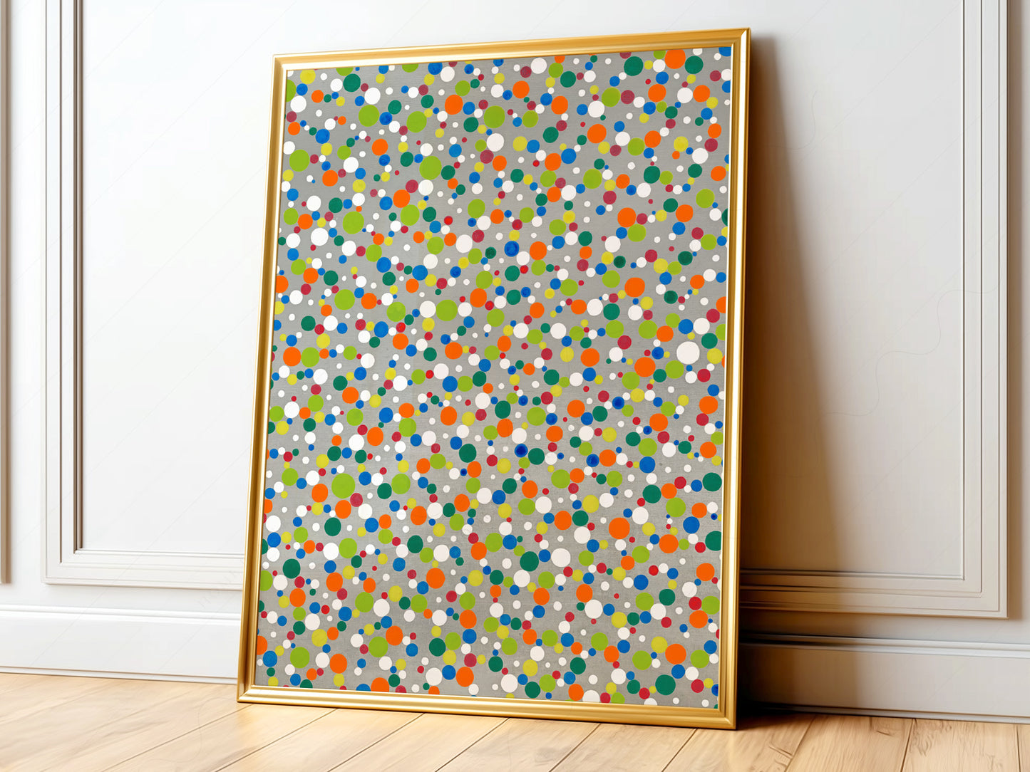 Yayoi Kusama inspired polka dot art print featuring vibrant multicolored circles on a gray background wall art.